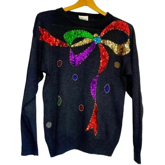 Mr Noah VINTAGE black sequined bow Christmas, holiday, festive sweater-size S - Picture 1 of 7